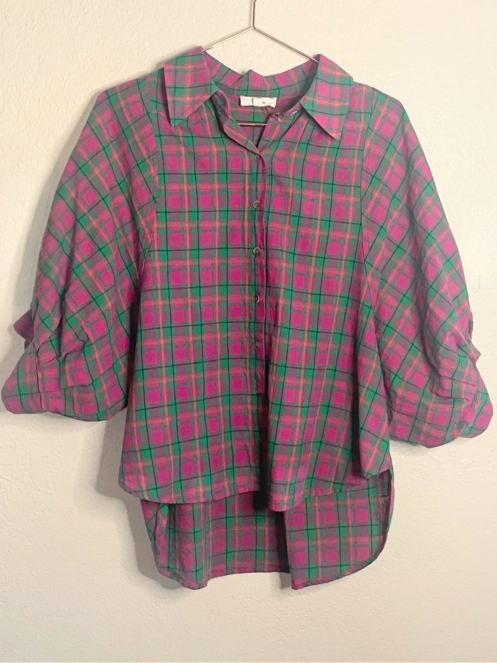 Entro Pink Green Plaid Oversized Pima Cotton Button Up Small - Picture 3 of 12
